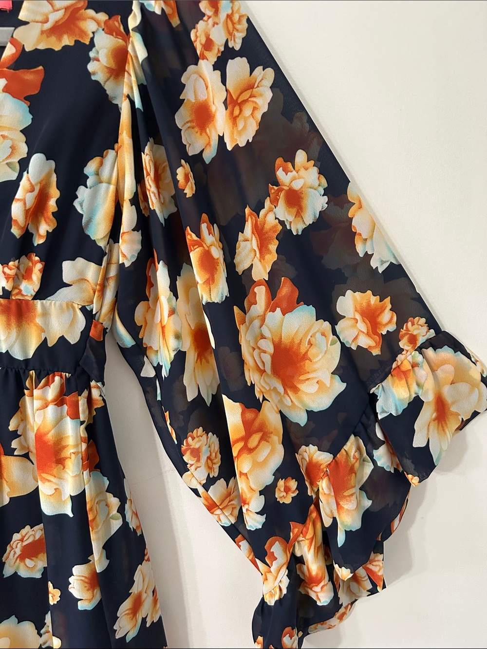 Betsey Johnson Dress Navy Garden Floral Mini Drama Bell Sleeves Fit and Flare - Picture 6 of 16